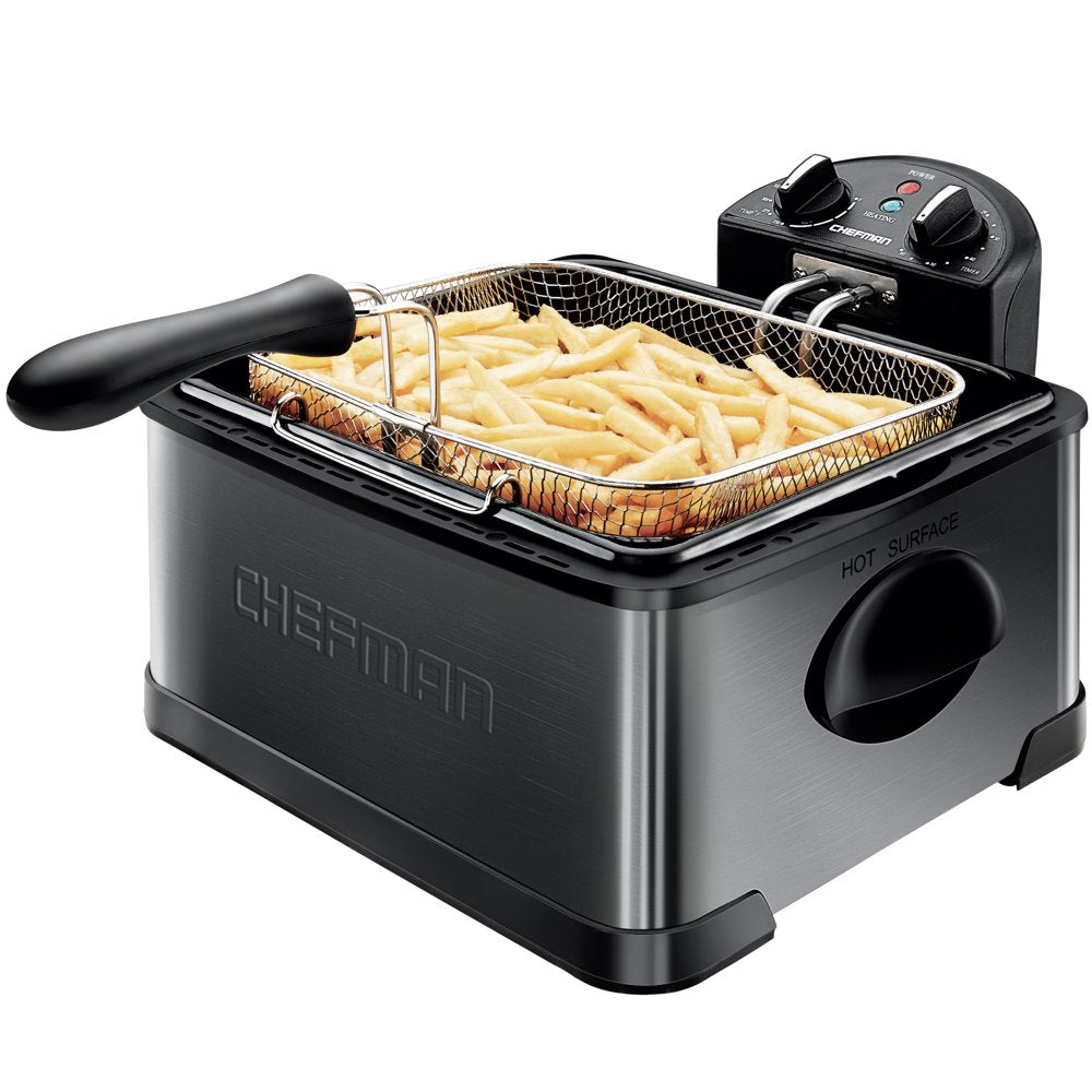 Stainless Steel Deep Fryer, XL 4.5 Liter Capacity, Adjustable Temperature & Timer, Black