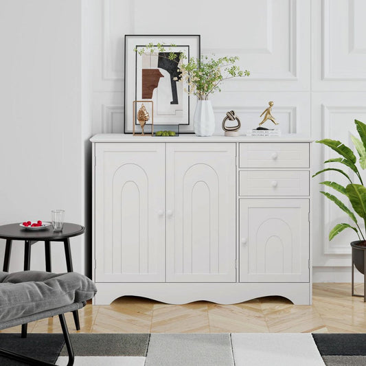 Kitchen Storage Cabinet, White Buffet Server Cupboard, Floor Sideboard Cabinet with 3 Doors and 2 Drawers for Living Room