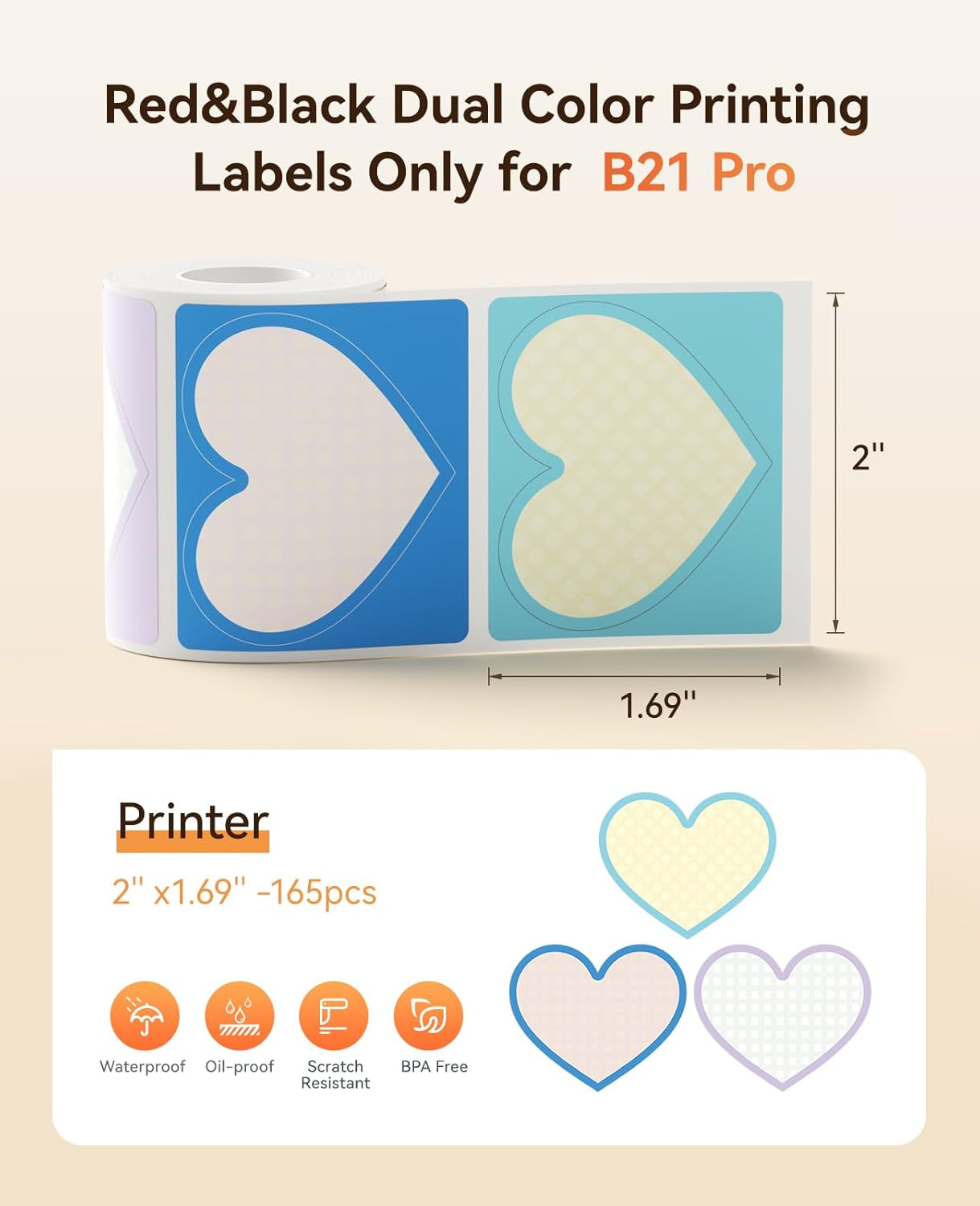 NIIMBOT Refill Label- 300DPI Red & Black Dual Color Sticker Paper Sweet Heart (2"X1.69"/50X43Mm) for School, Office, Retail, Baking & Safety Labels - Compatible with Pro Series Label Makers