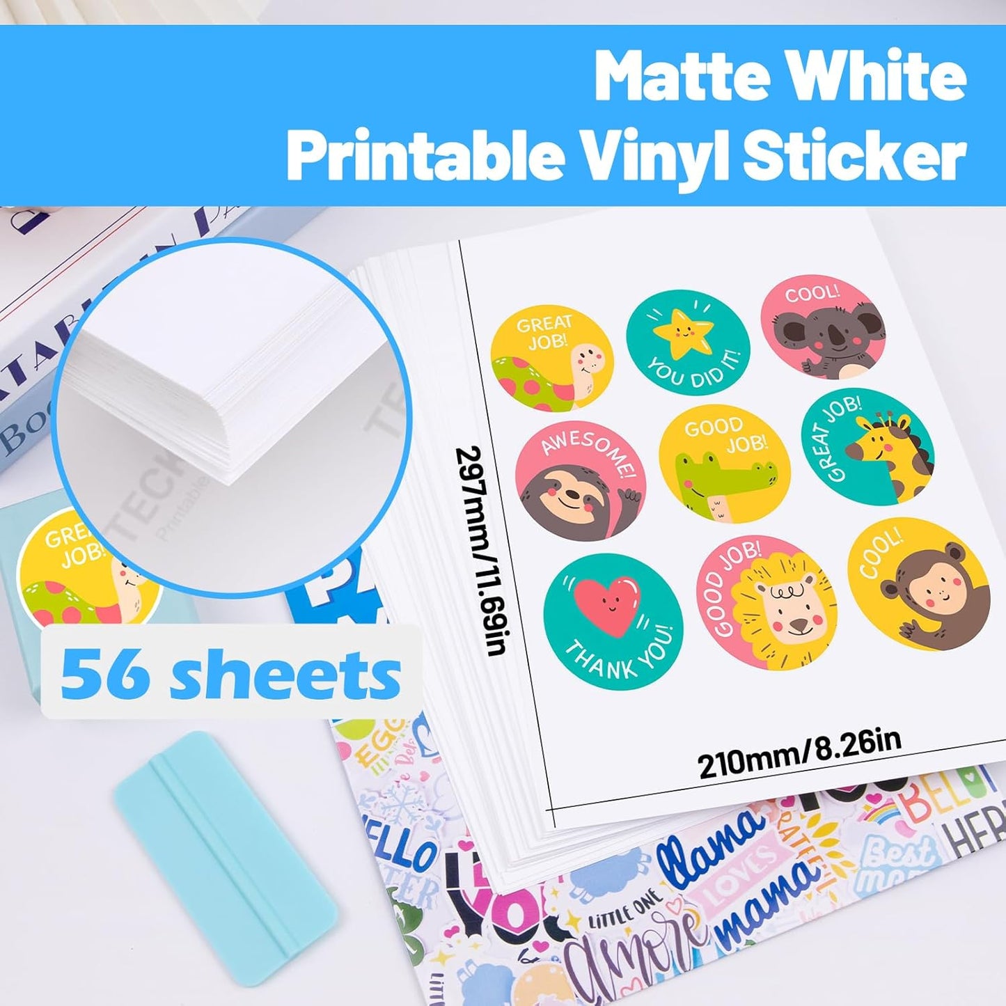 Printable Vinyl Sticker Paper for Inkjet Printer, Matte Inkjet Printable Vinyl, 8.26" X 11.69" A4 56 Sheets/Pack Photo Paper for Craft Scrap-Booking, Stickers, Labels