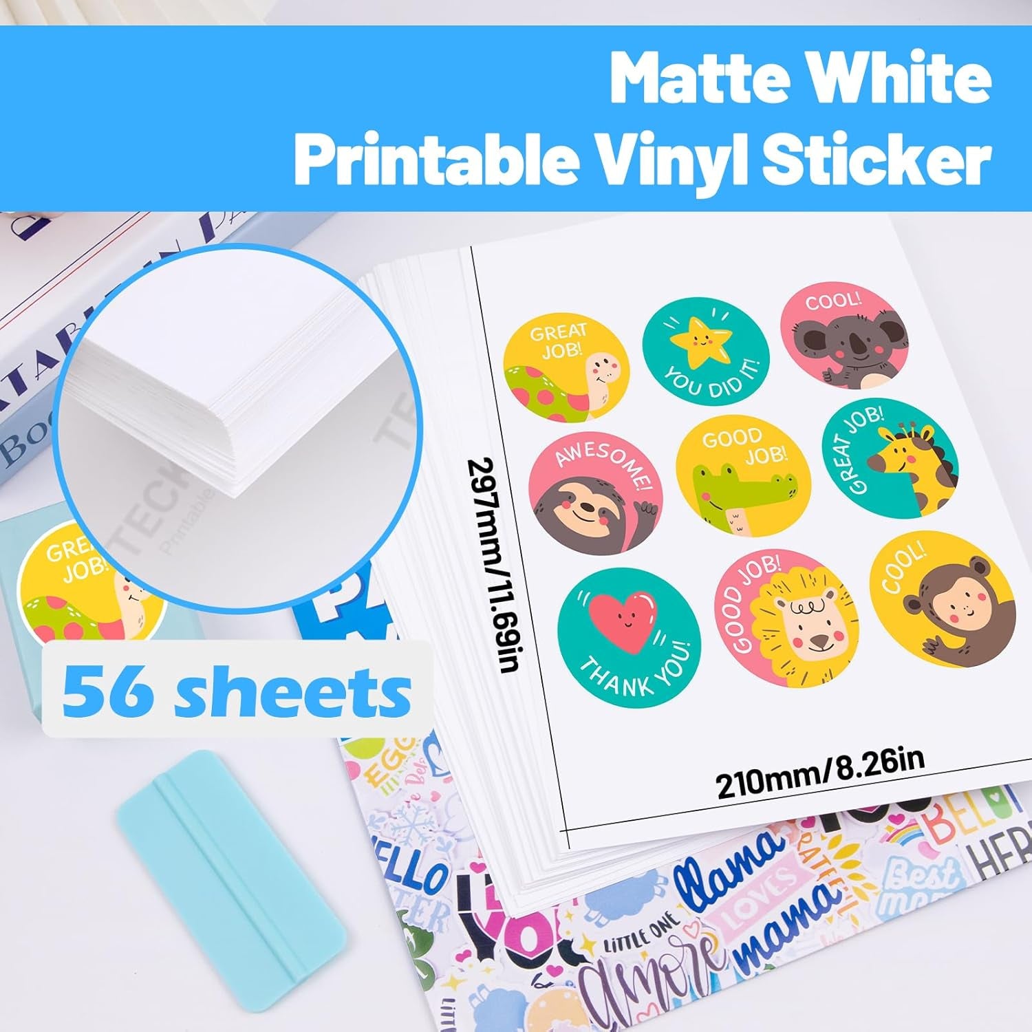 Printable Vinyl Sticker Paper for Inkjet Printer, Matte Inkjet Printable Vinyl, 8.26" X 11.69" A4 56 Sheets/Pack Photo Paper for Craft Scrap-Booking, Stickers, Labels