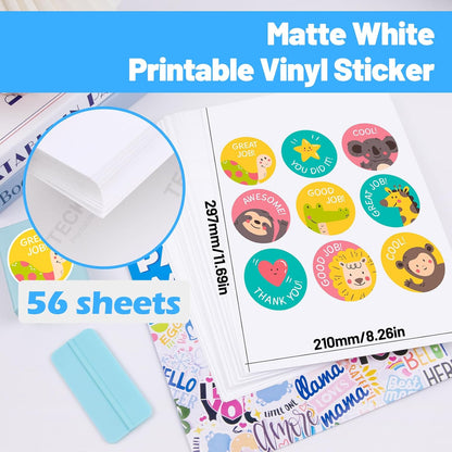 Printable Vinyl Sticker Paper for Inkjet Printer, Matte Inkjet Printable Vinyl, 8.26" X 11.69" A4 56 Sheets/Pack Photo Paper for Craft Scrap-Booking, Stickers, Labels