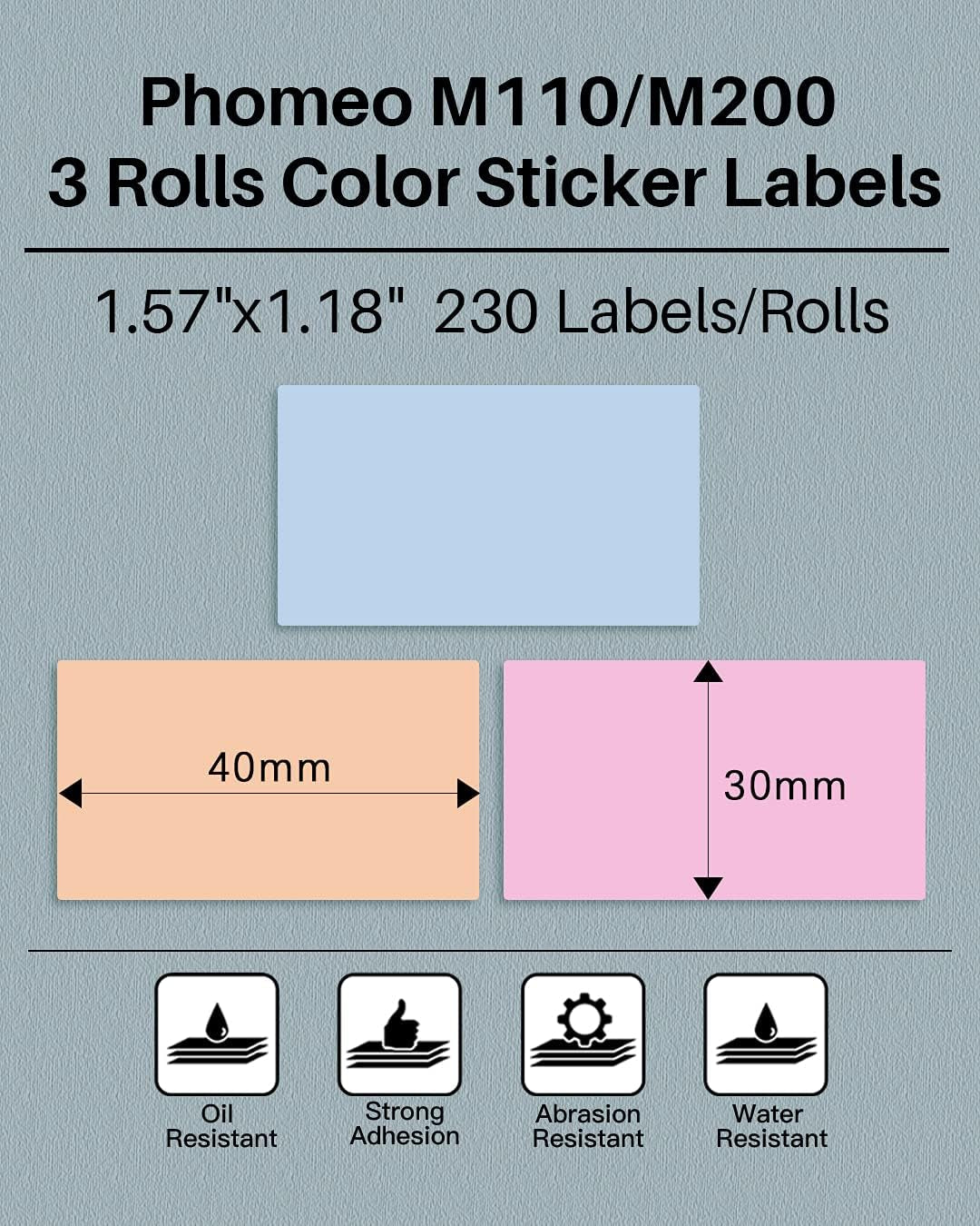 Phomemo M110/M100/M220/M250/M108 Sticker Labels- 1.57"X1.18"(40X30Mm) Black on Pink, Khaki and Blue Label for Small Business, Home, Office, 230 Labels/Roll