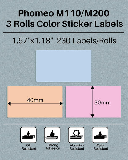 Phomemo M110/M100/M220/M250/M108 Sticker Labels- 1.57"X1.18"(40X30Mm) Black on Pink, Khaki and Blue Label for Small Business, Home, Office, 230 Labels/Roll