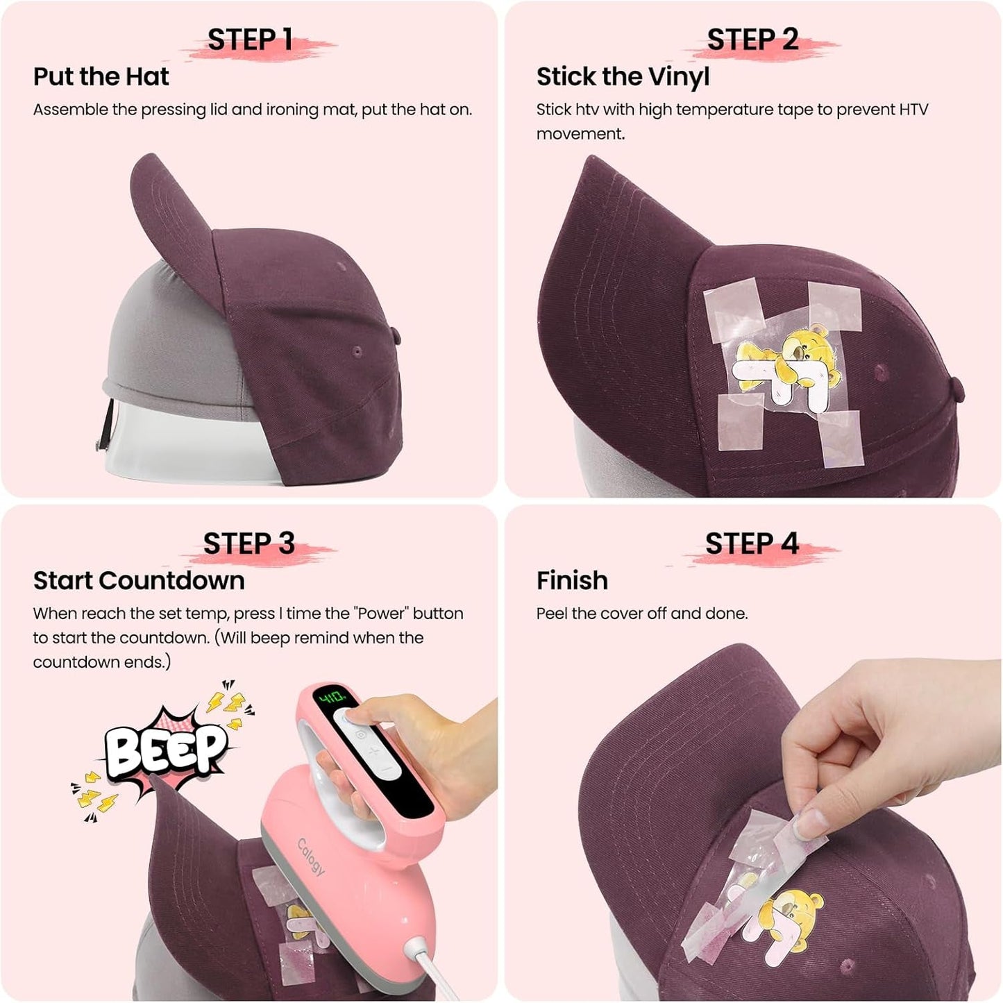 Calogy Hat Press Heat Machine for Caps, Mini Portable Hat Heat Press with Timer, Max 410℉,Precision Temp Control ±5℉, Fast & Evenly Heating Curved Plate 2.76 * 6.3In for 6 1/2-8 Hat，21-26 Girth（Pink）