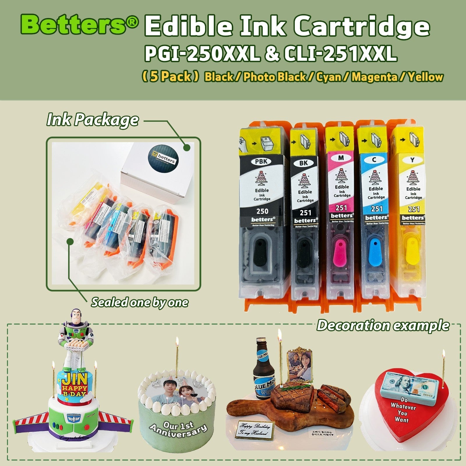 Betters® Edible Ink PGI-250XXL CLI-251XXL Refillable Cartridge for Canon ,5 Sets