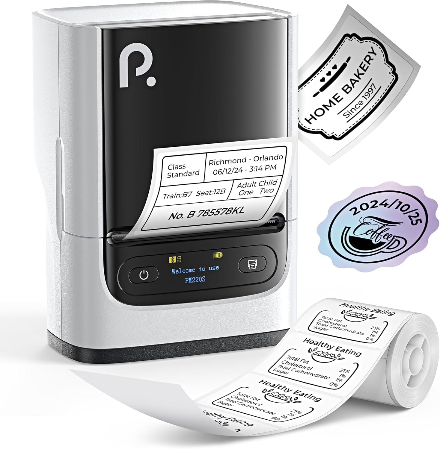 PM220S Label Maker Machine with Tape, 2 Inch Bluetooth Thermal Label Printer, Portable Sticker Printer for School, Office, Home, Business, Label Maker with 2'' X1.18'' Labels, White