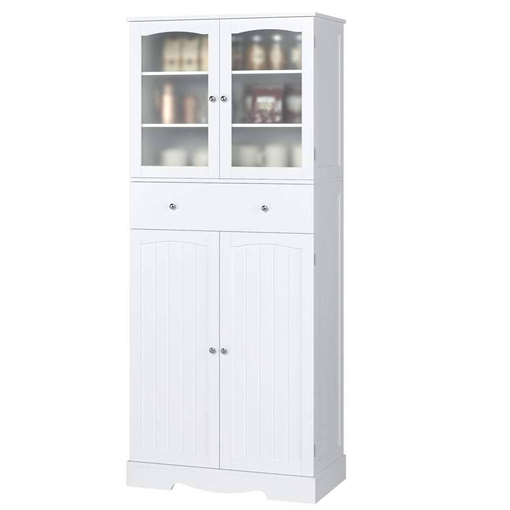 70.8'' Kitchen Pantry with 4 Doors, Freestanding Storage Cabinet with Large Drawer for Dining Room, White