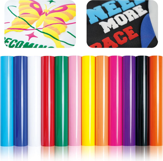 12Pcs Puff Vinyl Heat Transfer, 12X10Inch Assorted Colors 3D Puff HTV, DIY Iron-On Vinyl for T-Shirts, Easy to Cut and Weed, Compatible with Cricut or Cameo (12 Colors Puff)