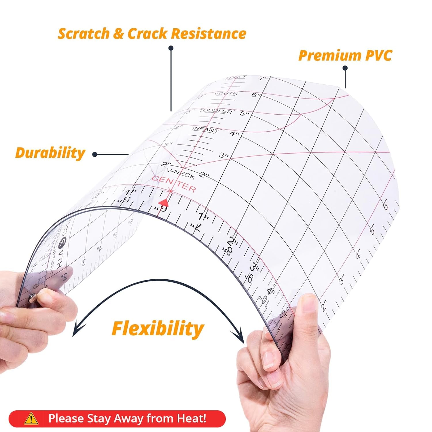 Tshirt Ruler Guide for Vinyl Alignment - Transparent PVC Tshirt Measurement Tool for Heat Press in HTV Vinyl, All-In-One T Shirt Ruler to Center Design and Craft Sewing