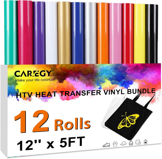 CAREGY HTV Heat Transfer Vinyl Bundle -12 Pack 12'' X 5FT Heat Transfer Vinyl Rolls, Easy Cutting Iron on Vinyl for Cricut, Easy to Weed Heat Transfer Vinyl
