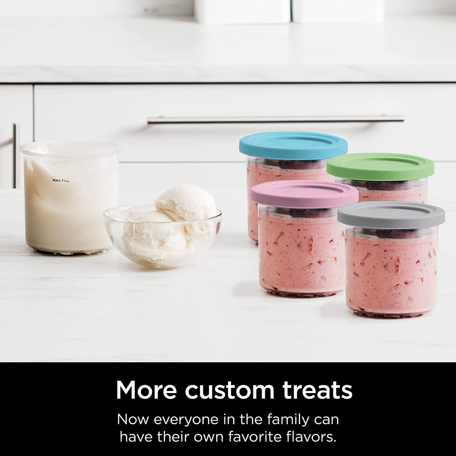 Ninja® Creami® Original Pints 4 Pack, Compatible with NC299AMZ & Nc300S Series Creami® Ice Cream Makers, Bpa-Free & Dishwasher Safe, Color Lids, 1 Pint Each, Clear/Grey/Lime/Pink/Aqua, XSKPLD4BCD