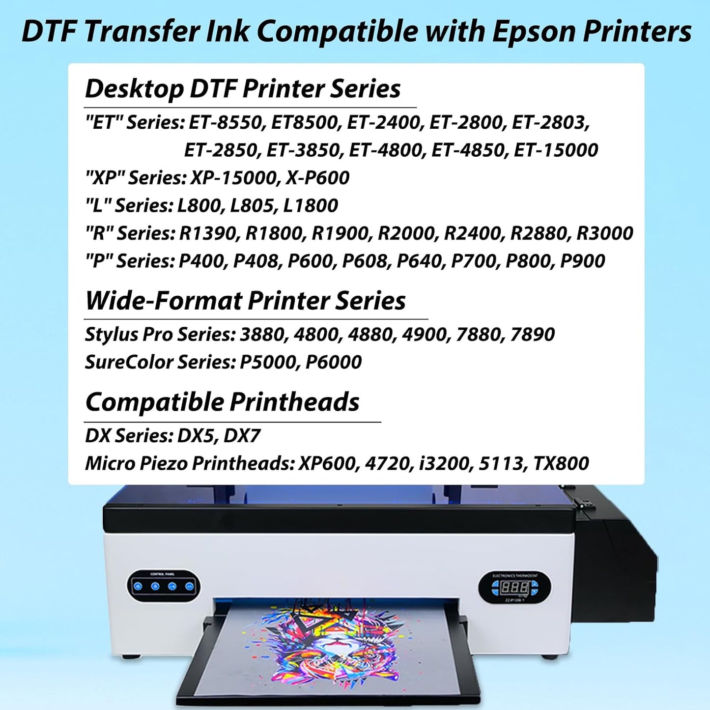 DTF Ink - 3000ML DTF Transfer Ink for PET Film, Premium Pigment Ink Refill for P600 P800 DX5 DX7 R1390 XP600 I3200 4720 5113 Printers, High Fluidity & Coverage (500ML*6, 2W+BKCMY)