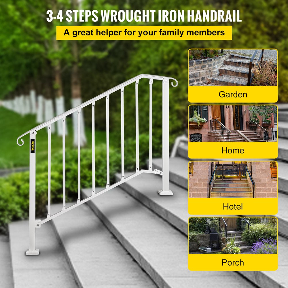 brand Handrail Picket #3 Fits 3 or 4 Steps Stair Rail Height Adjustable Wrought Iron Handrail with Installation Kit Hand Rails for Outdoor/Indoor Steps， Matte White