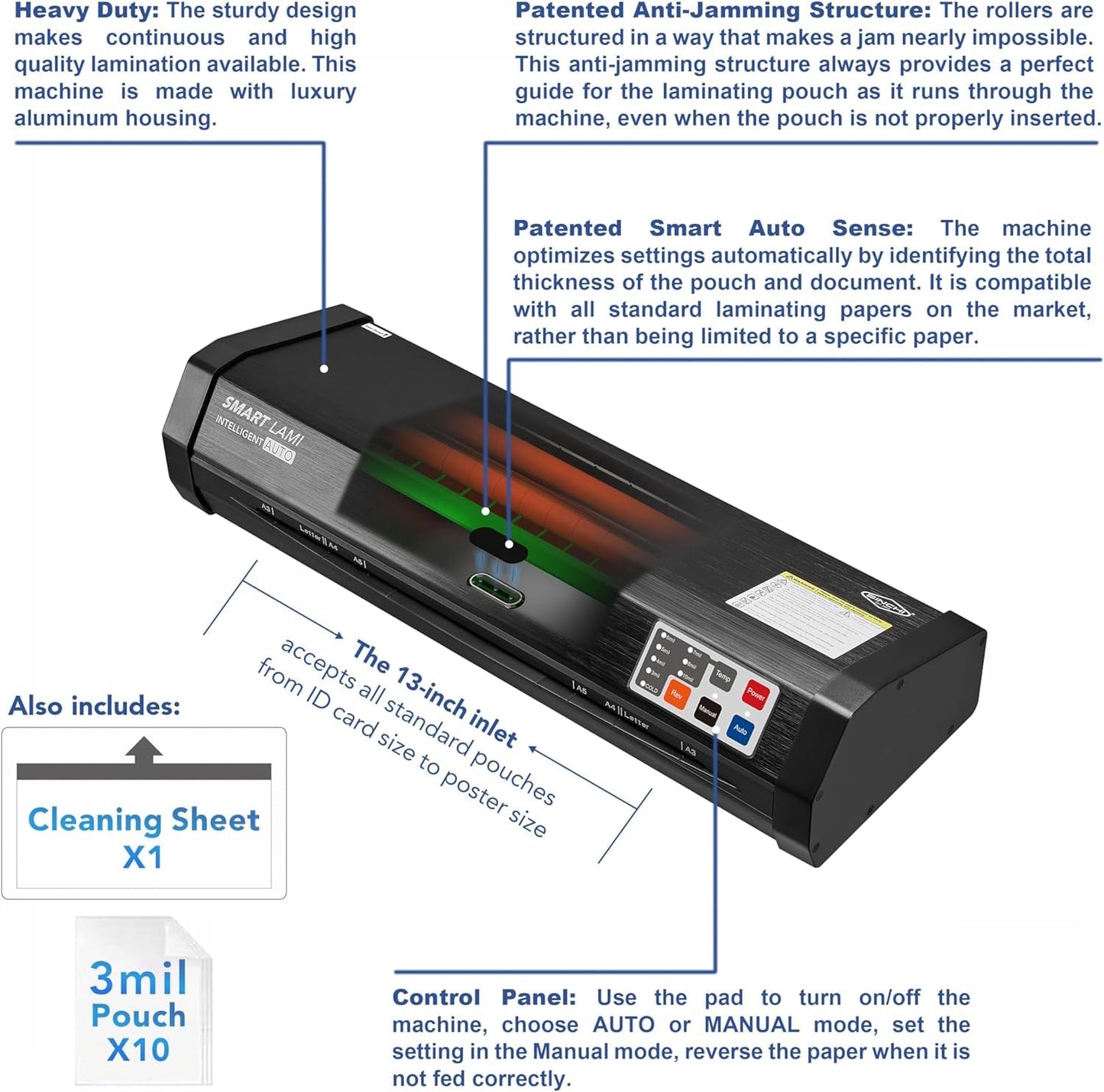 SINCHI Auto Sense 13" Heavy-Duty Laminator for Business & School, 3–10 Mil, 50S Warm-Up, 17S/Sheet, Works with Cardstock & Dark Prints, Never-Jam, Laminates 11X17, Includes 10 Sheets