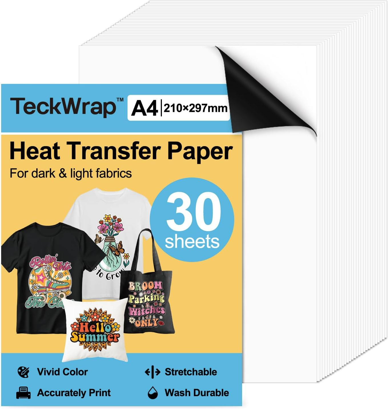 Printable Heat Transfer Paper for T-Shirts 30 Sheets, 8.3" X 11.7" Printable Heat Transfer Vinyl for Inkjet Printer, Iron on Transfer Paper for Light and Dark Fabric (Matte)
