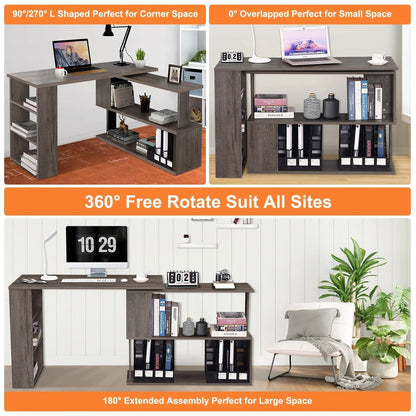 360° Rotating Computer Desk with Storage Large Office Desk with Open Bookshelves Corner Desk with File Cabinet Writing Desk Workstation for Home Office