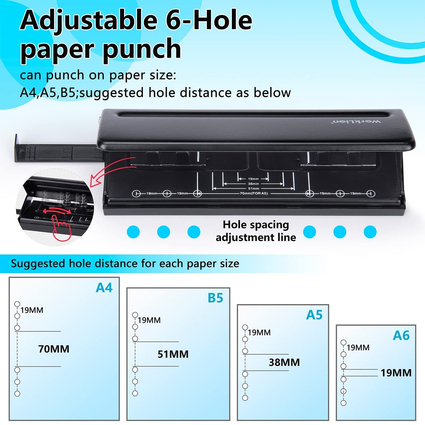 WORKLION Adjustable 6-Hole Punch with Positioning Mark, Daily Paper Puncher for A5 Size Six Ring Binder Planners - Refill Pages