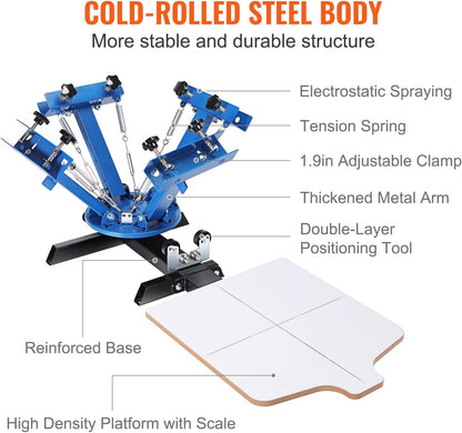 Screen Printing Machine, 4 Color 1 Station 360° Rotable Silk Screen Printing Press, 21.2X17.7In / 54X45Cm Screen Printing Press, Double-Layer Positioning Pallet for T-Shirt DIY Printing