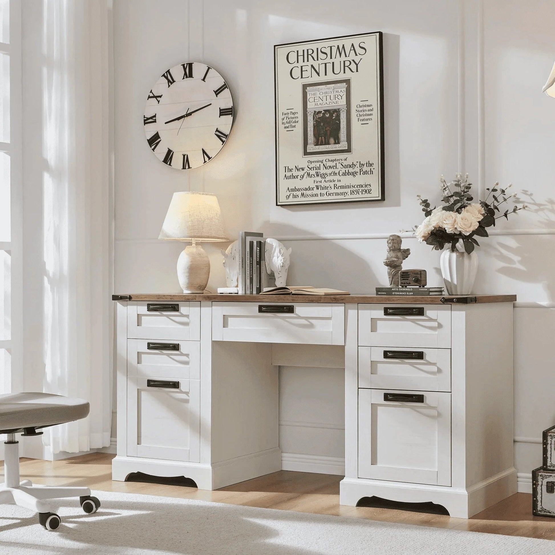 Wood Computer Writing Desk Farmhouse Executive Desk, Rustic Office Desk with Charging Station and Keyboard Tray,Home Workstations with File Drawer, Storage Cabinet, White