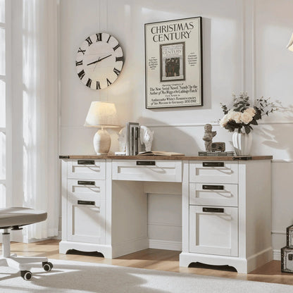 Wood Computer Writing Desk Farmhouse Executive Desk, Rustic Office Desk with Charging Station and Keyboard Tray,Home Workstations with File Drawer, Storage Cabinet, White