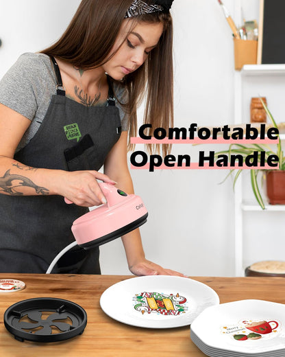 Calogy Mini Heat Press, Small round Heat Press Machine 5" Diameter, Portable Iron 4 Levels Temp Max 410℉ for Heating Transfer Sublimation Crafts, DIY Coaster, Bag, Pillow, Ceramic (Baby Pink)