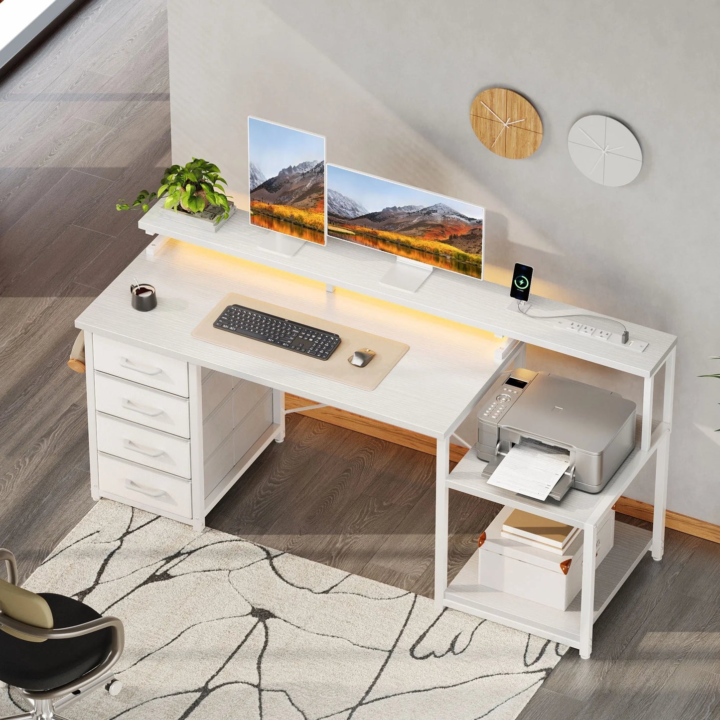 55 Inch Computer Desk with USB Ports and Power Outlets, Printer Shelf & Built-In LED, 4 Drawers & Storage Shelf, Home Office Desks, White