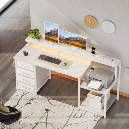 55 Inch Computer Desk with USB Ports and Power Outlets, Printer Shelf & Built-In LED, 4 Drawers & Storage Shelf, Home Office Desks, White