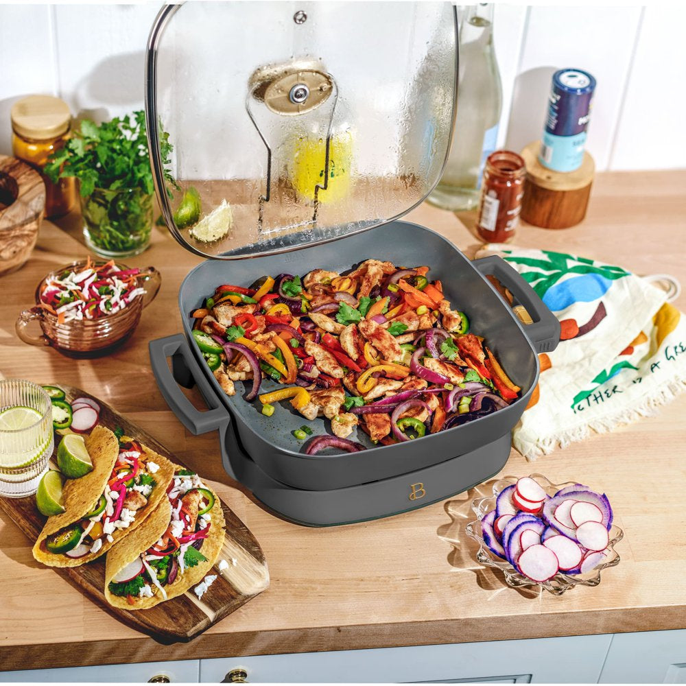 5 in 1 Electric Skillet - Expandable up to 7 Qt with Glass Lid, Oyster Grey by Drew Barrymore