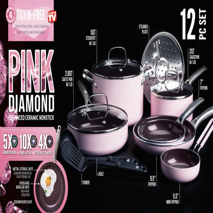 Toxin-Free Ceramic and Dishwasher Safe 12-Piece Pots and Pans Cookware Set, Pink