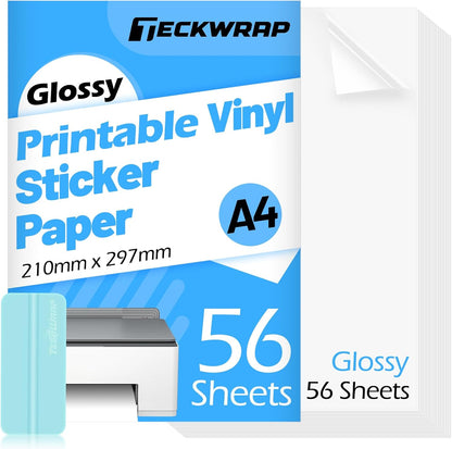 Printable Vinyl Sticker Paper for Inkjet Printer, Glossy Inkjet Printable Vinyl, 8.26" X 11.69" A4 56 Sheets/Pack Printing Paper for Craft Scrap-Booking, Stickers, Labels