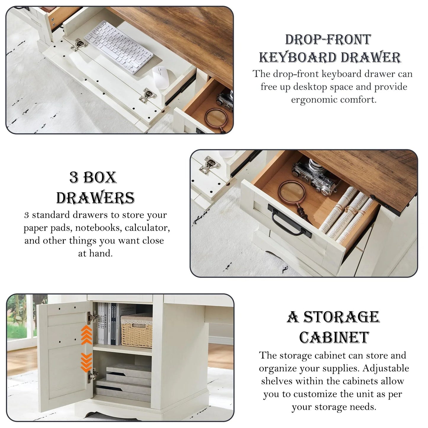 Wood Computer Writing Desk Farmhouse Executive Desk, Rustic Office Desk with Charging Station and Keyboard Tray,Home Workstations with File Drawer, Storage Cabinet, White