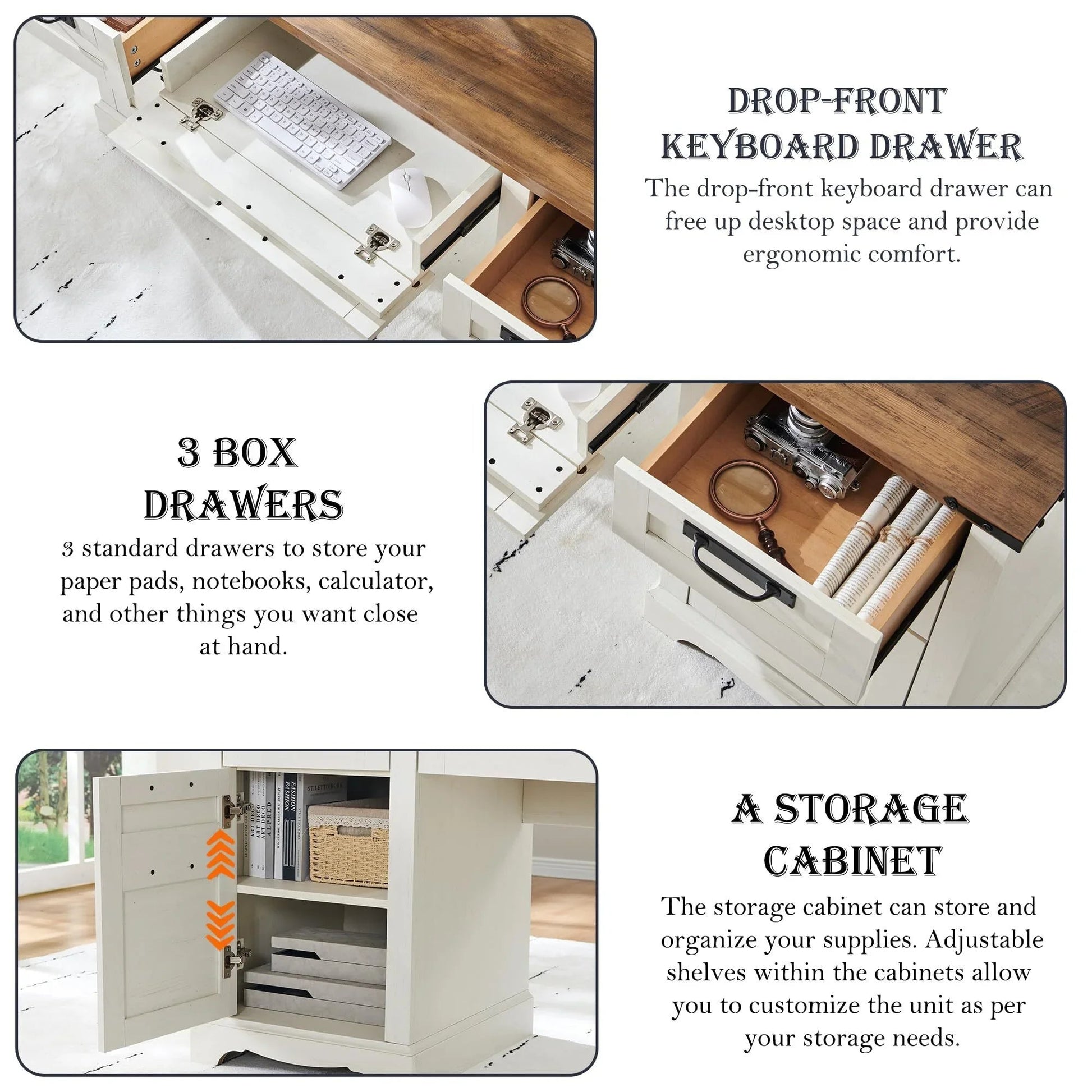Wood Computer Writing Desk Farmhouse Executive Desk, Rustic Office Desk with Charging Station and Keyboard Tray,Home Workstations with File Drawer, Storage Cabinet, White