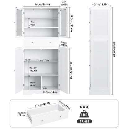 70.8'' Kitchen Pantry with 4 Doors, Freestanding Storage Cabinet with Large Drawer for Dining Room, White