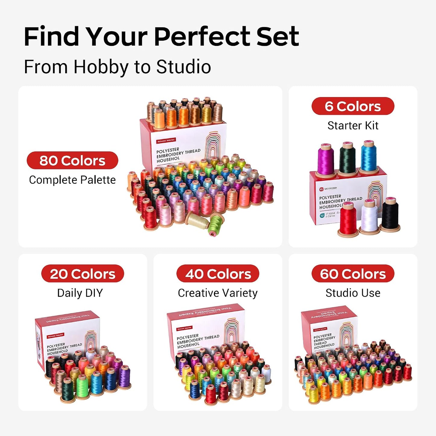 Poolin Embroidery Machine Thread Kit 20 Colors | 40WT Embroidery Thread, 800M/Spool, Compatible with Brother, Janome and Most Embroidery Machines, Low Lint, Colorfast