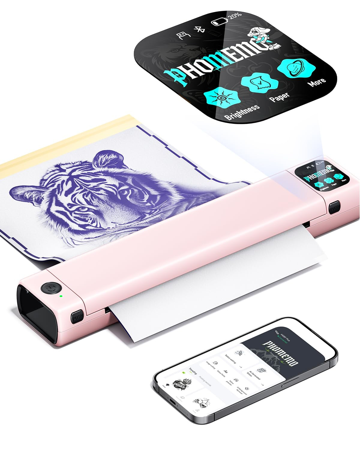 Phomemo M08F plus Tattoo Stencil Printer with Touchscreen, Bluetooth Tattoo Printer Machine with 10Pcs Transfer Paper, Compatible with Phone, Tablet, PC, Tattoo Supplies for Professionals, Pink