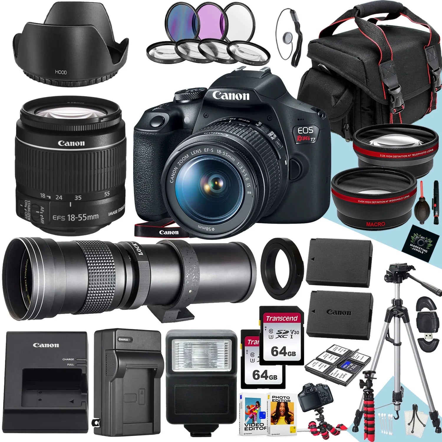 Canon EOS Rebel T7 DSLR Camera with Canon EF-S 18-55Mm F/3.5-5.6 IS II and 420-800Mm F/8.3 HD Telephoto Zoom Lens + 128 GB Memory + Filters + Tripod + More (33Pc Bundle) (International Version)