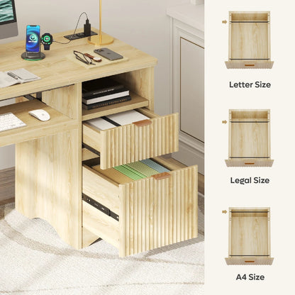 55" Computer Writing PC Desk Home Office with Power Outlets Keyboard Tray and Storage Drawers, Log