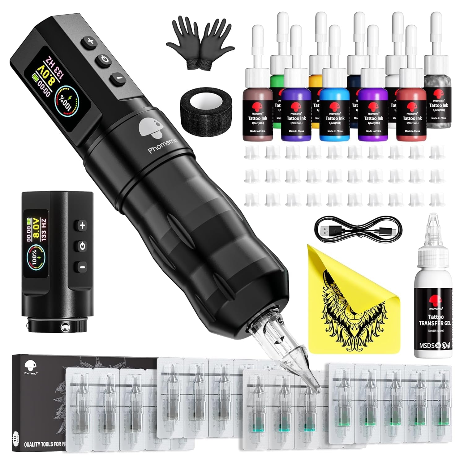 Phomemo Tattoo Gun Kit, Wireless Tattoo Machine Kit for Beginners Complete Set, Tattoo Pen with 20 Tattoo Cartridge Needles, Tattoo Practice Kit with 1 Batteries