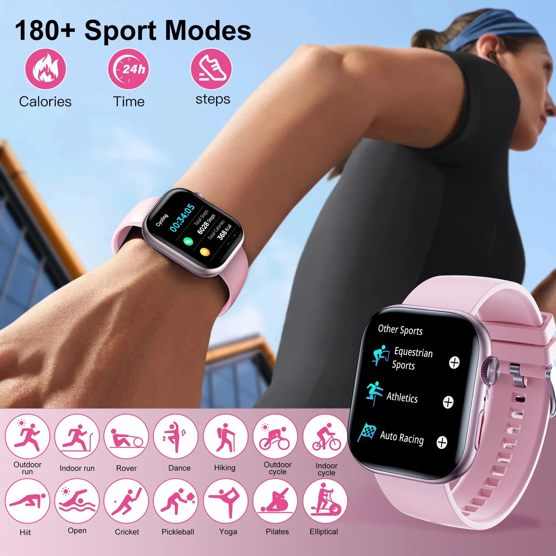 Smart Watch for Men Women, 2.01" HD Touchsreen, Bluetooth Calling, IP68 Water-Resince, 180+ Sports Modes, Health, Fitness & Sleep Tracker, Timer, Fitness Watch for Android/Ios, Pink