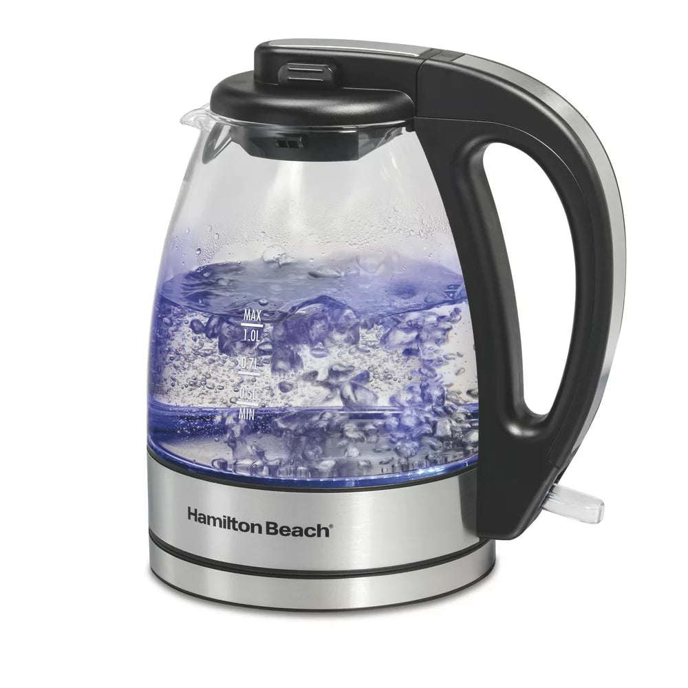 Compact Glass Kettle, 1 Liter, Stainless Steel and Black Accents, Model 40930