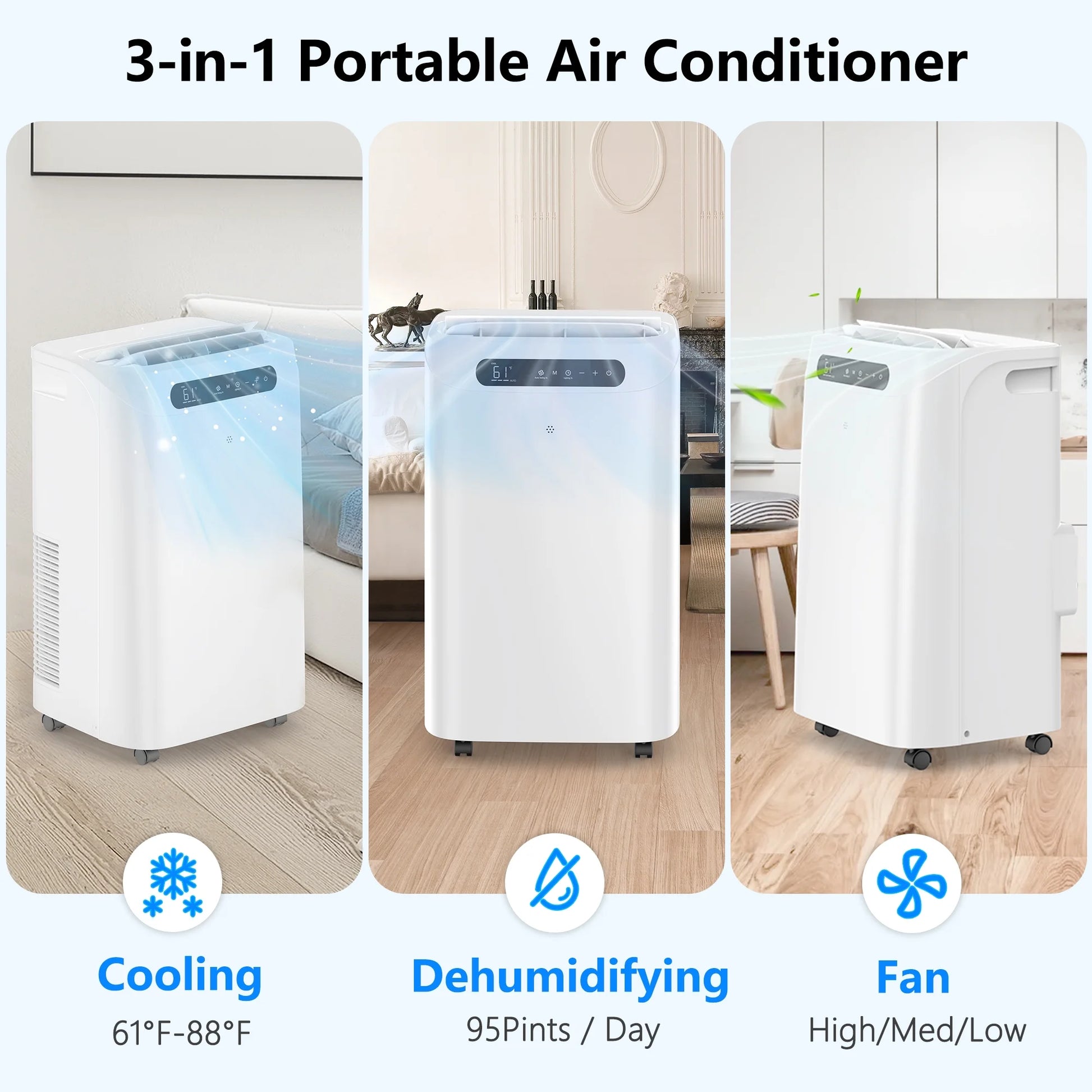 14000 BTU Portable Air Conditioner Cools up to 700 Sq. Ft, 3-In-1 AC, Dehumidifier, Fan