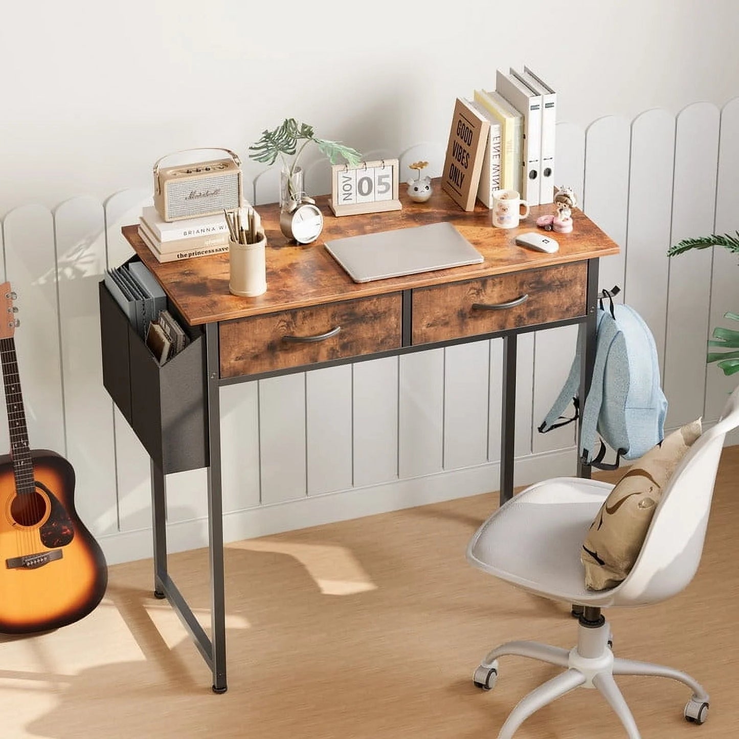 32 Inch Desk with 2 Drawers Home Office Computer PC Table with Fabric Storage Bag, Study Writing Wood Deskboard for Small Spaces,Rust Brown