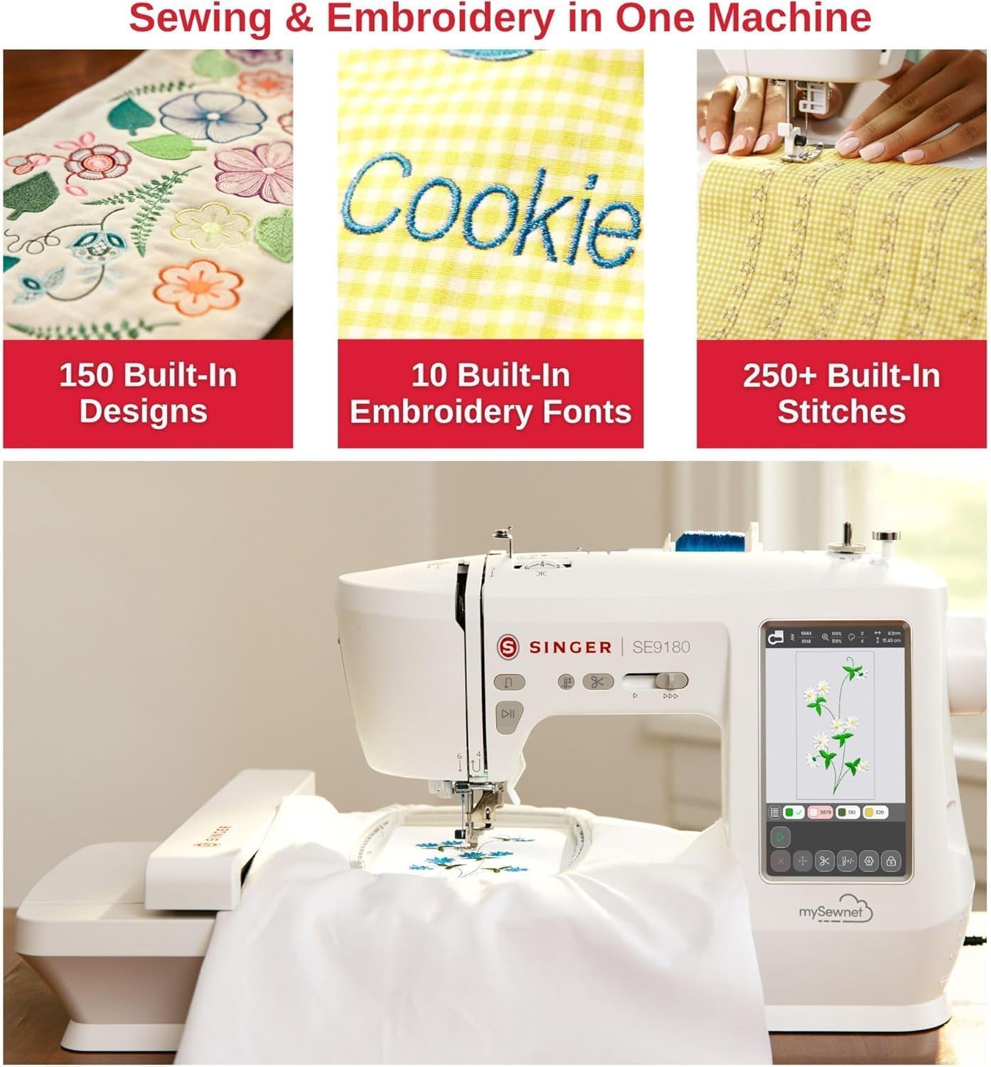 SINGER SE9180 Sewing & Embroidery Machine | 250 Built-In Stitches, 150 Embroidery Designs, 10 Fonts, 1-Step Buttonhole, 7" Touchscreen, Automatic Needle Threader & Wifi Connectivity