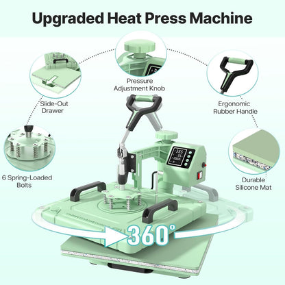 Slendor 8 in 1 Heat Press Machine 15X15 Inch 360-Degree Swing Away Digital T Shirt Pressing Machine Multifunction Heat Transfer Sublimation Combo for T Shirts Mugs Hat Plate Cap, Green