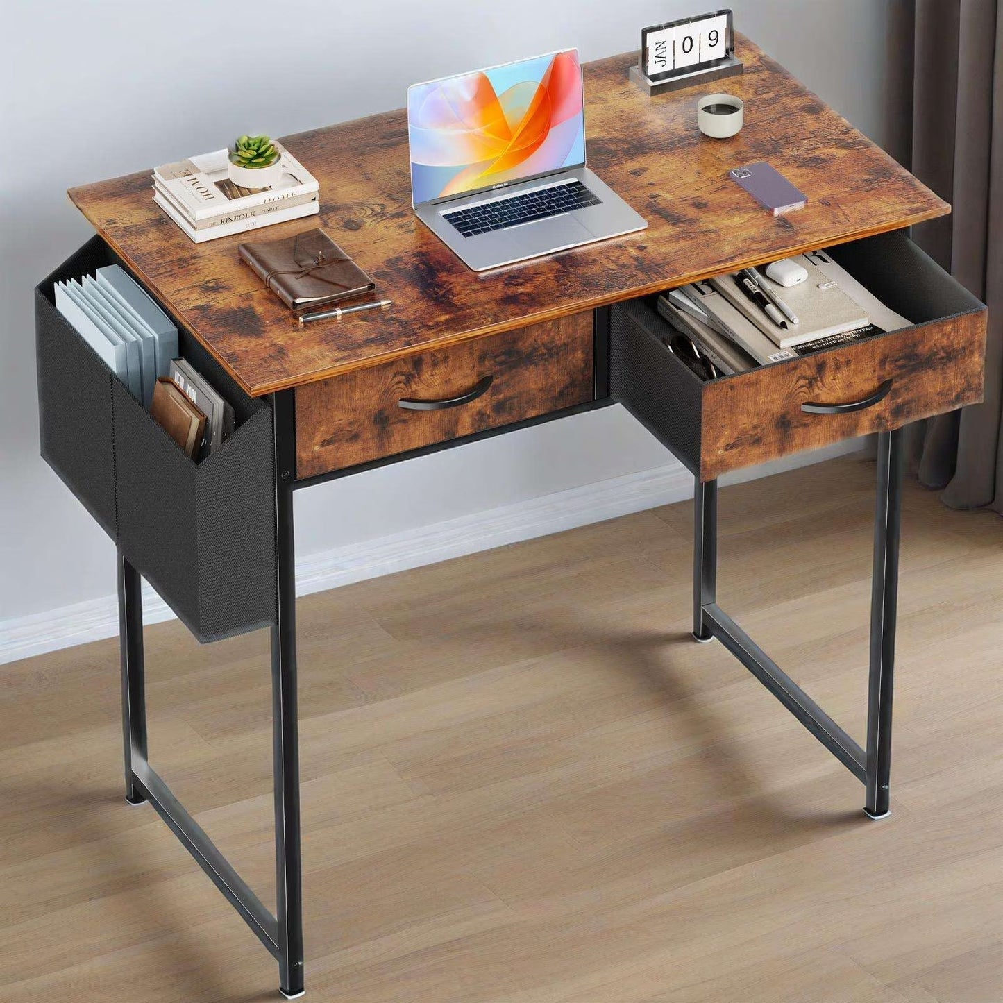 32 Inch Desk with 2 Drawers Home Office Computer PC Table with Fabric Storage Bag, Study Writing Wood Deskboard for Small Spaces,Rust Brown