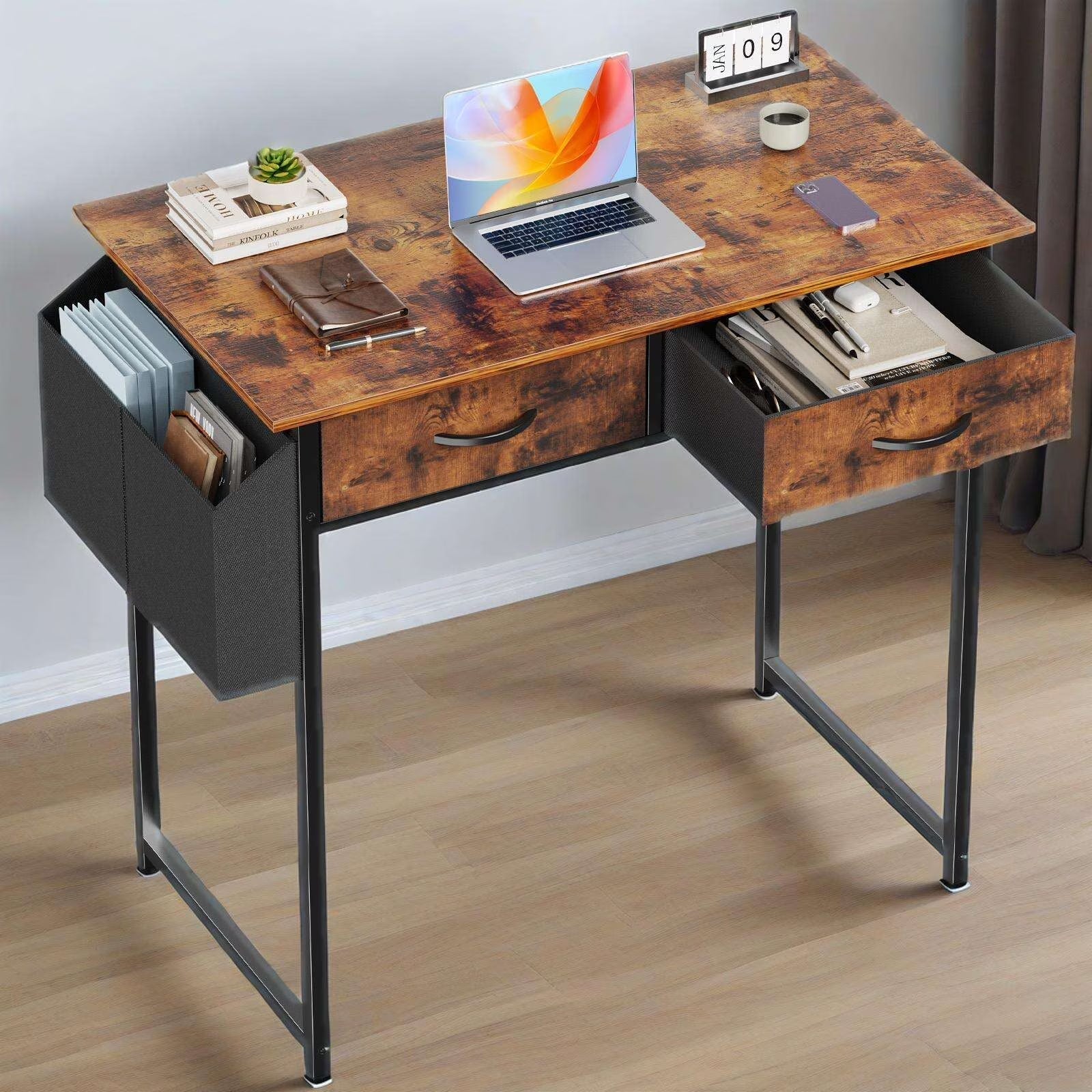 32 Inch Desk with 2 Drawers Home Office Computer PC Table with Fabric Storage Bag, Study Writing Wood Deskboard for Small Spaces,Rust Brown