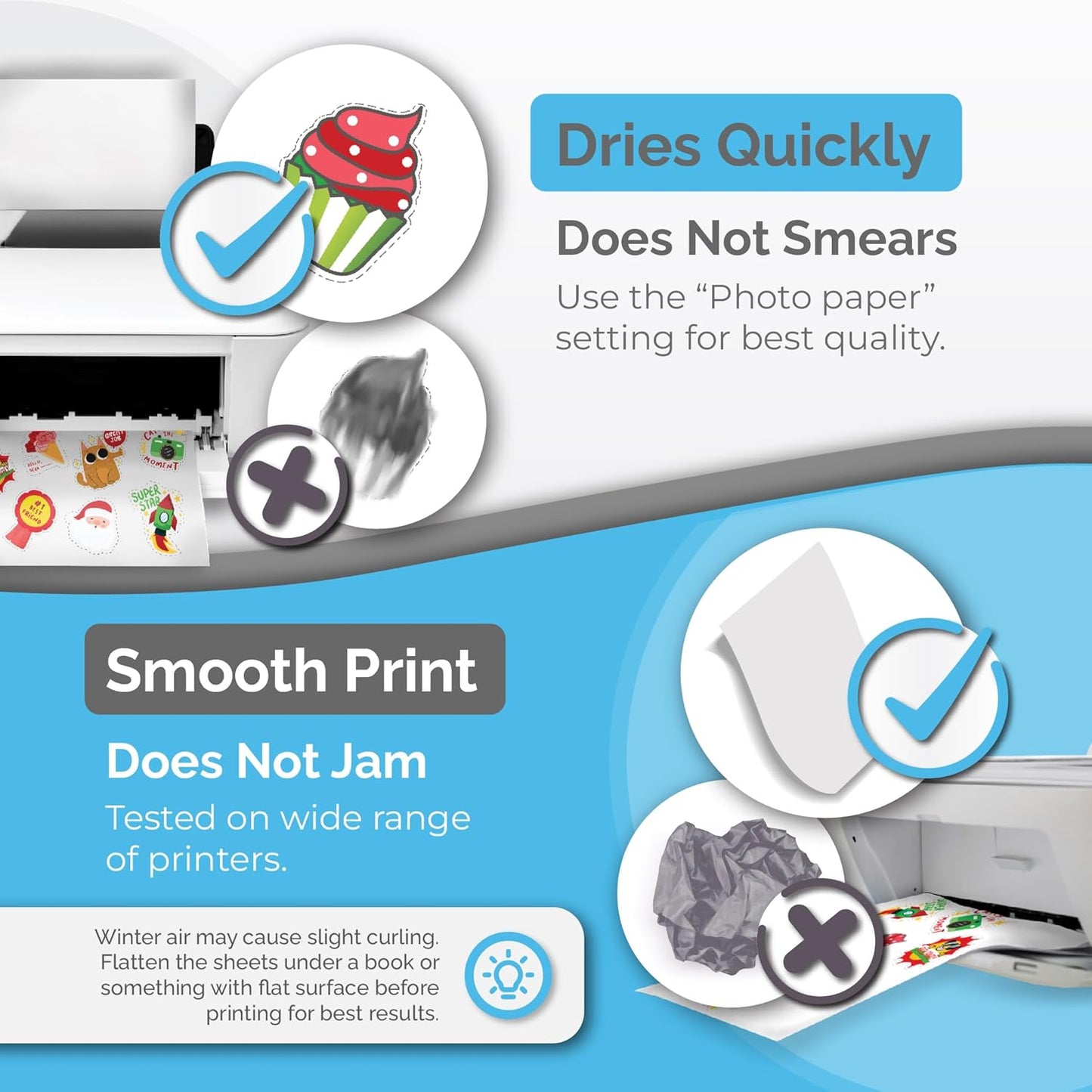 Premium Printable Vinyl Sticker Paper for Inkjet & Laser Printer - 56 Sheets - Glossy White - Self-Adhesive Waterproof Sheets - Dries Quickly & Vivid Colors - Holds Ink Well - Tear Resistant