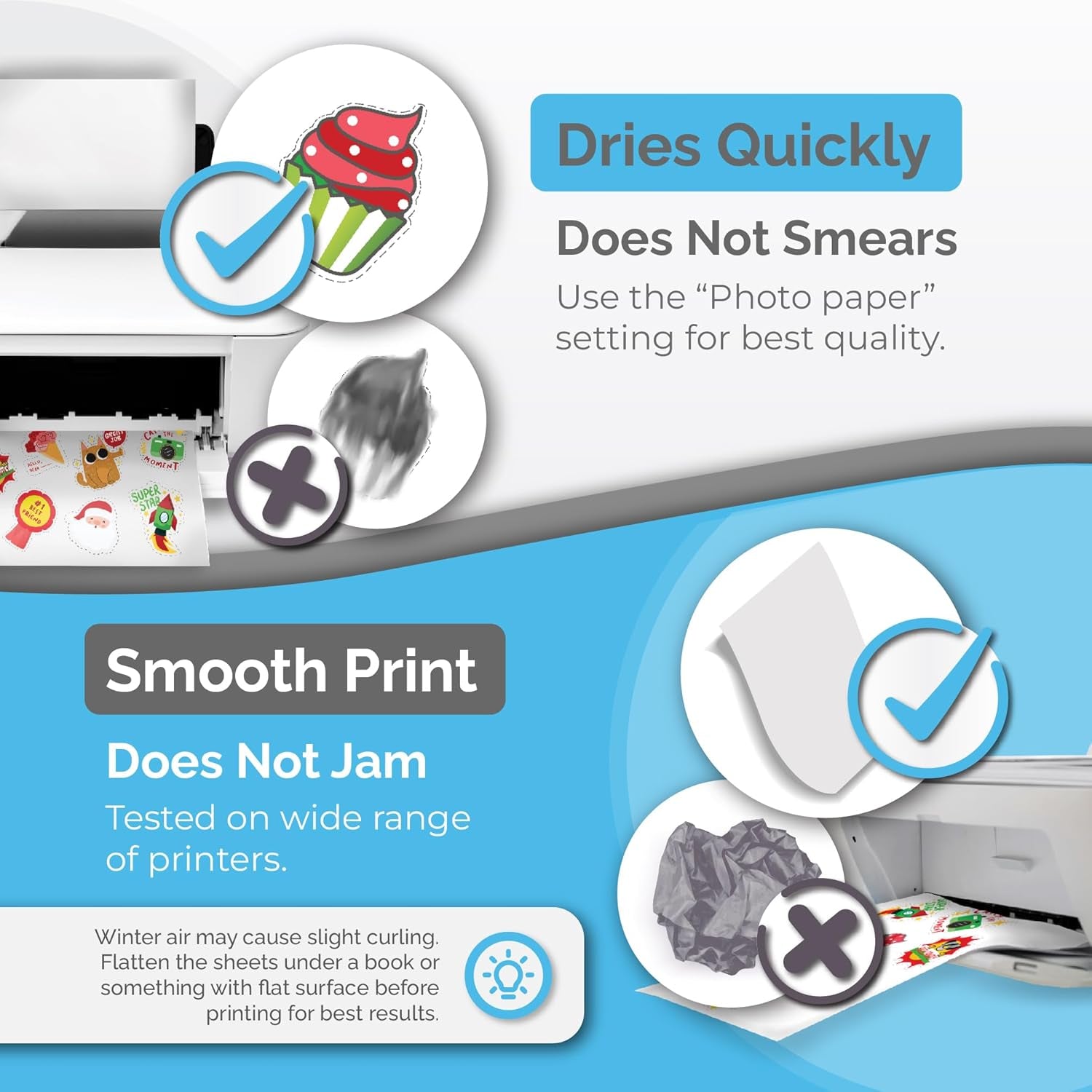 Premium Printable Vinyl Sticker Paper for Inkjet & Laser Printer - 56 Sheets - Glossy White - Self-Adhesive Waterproof Sheets - Dries Quickly & Vivid Colors - Holds Ink Well - Tear Resistant