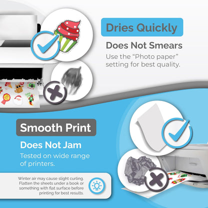 Premium Printable Vinyl Sticker Paper for Inkjet & Laser Printer - 56 Sheets - Glossy White - Self-Adhesive Waterproof Sheets - Dries Quickly & Vivid Colors - Holds Ink Well - Tear Resistant
